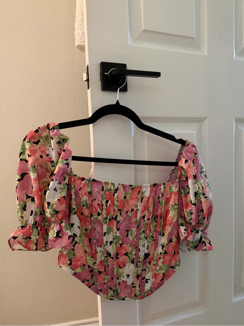 Pink Floral Off-Shoulder Puff Sleeve Crop Top